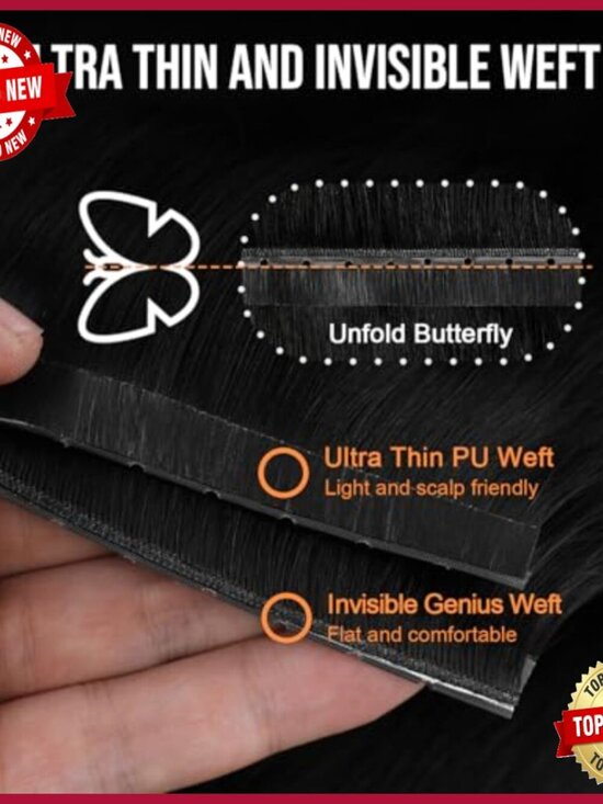 Human Hair Extensions 20in Straight Glueless Butterfly Weft Invisible main image 4